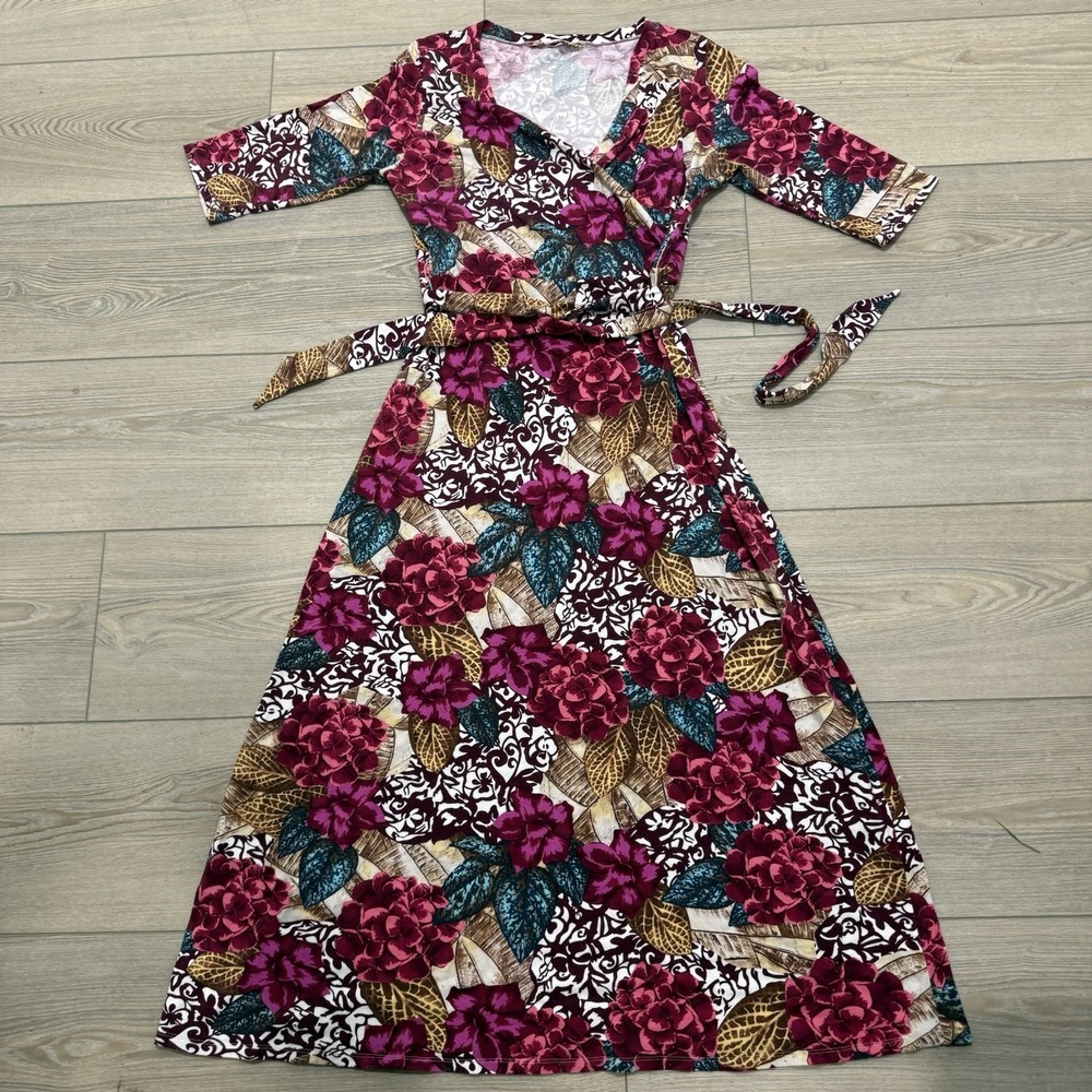 Soft Surroundings Floral Wrap Dress M Magenta Flowers 3/4 Sleeve Boho